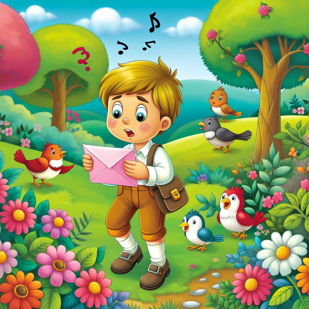 Une illustration destinée aux enfants représentant un jeune garçon curieux, tenant une mystérieuse lettre rose, en train de chercher des indices dans un magnifique parc avec des arbres colorés, des fleurs éclatantes et un groupe d'adorables oiseaux chantant joyeusement.