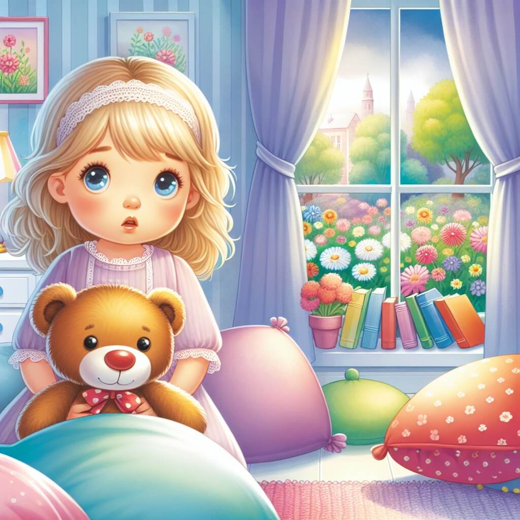 Une illustration destinée aux enfants représentant une petite fille aux joues pâles, affrontant une maladie mystérieuse, accompagnée de sa fidèle peluche, dans une chambre remplie de coussins doux et de livres colorés, avec une fenêtre donnant sur un jardin fleuri baigné de douce lumière.