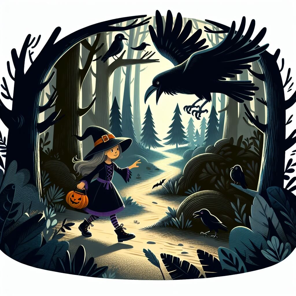 Une illustration destinée aux enfants représentant une jeune fille, vêtue d'un costume de sorcière, découvrant un mystérieux sentier sombre et sinistre, accompagnée d'un corbeau noir, dans une forêt dense et mystique, à la veille d'Halloween.