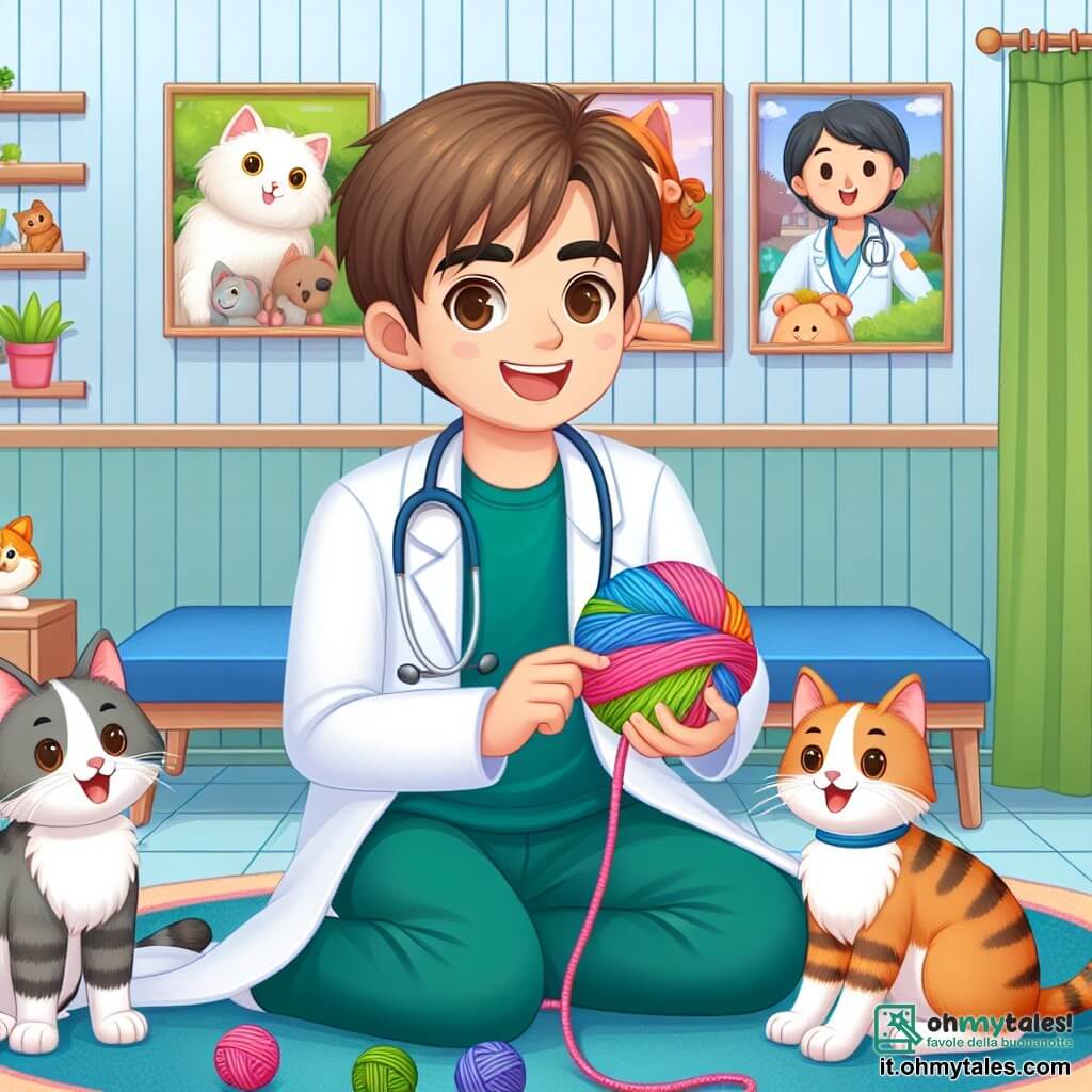 Une illustration destinée aux enfants représentant un jeune vétérinaire homme, entouré de ses deux chats, un mâle et une femelle, jouant avec une balle de laine colorée, dans son studio vétérinaire lumineux et chaleureux décoré de photos d'animaux souriants et de plantes vertes.