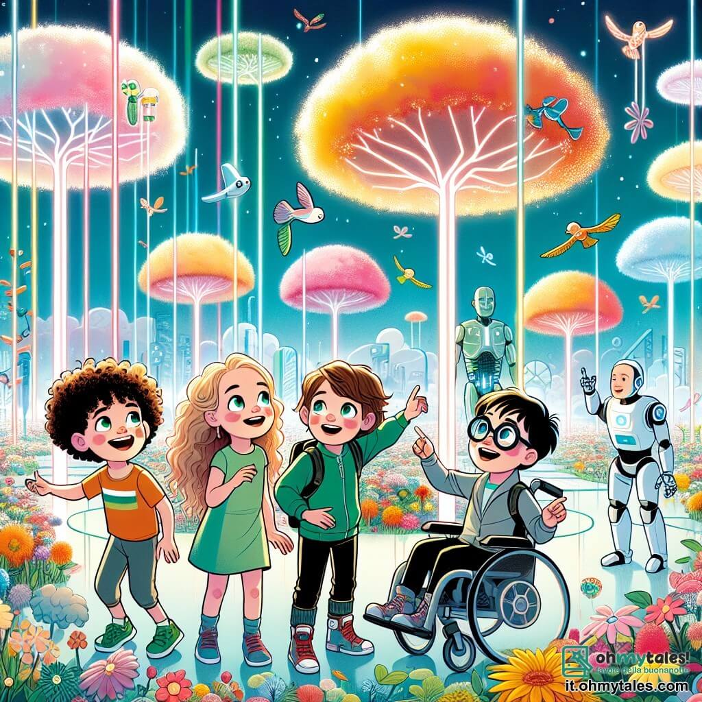 Illustrazione che rappresenta un vasto giardino futuristico chiamato Giardino delle Nuvole, dove alberi leggeri come piume fluttuano nell'aria, circondati da fiori colorati che cambiano tonalità. Al centro della scena, quattro bambini di otto anni si tengono insieme: un ragazzo dai capelli ricci e castani, sorridente con occhi scintillanti, che sembra raccontare una barzelletta; una ragazza dai capelli lunghi e biondi, vestita con un abito verde, che guarda le piante con meraviglia; un ragazzo dai capelli corti e neri, in tuta futuristica, che osserva un albero fluttuante con curiosità; e un ragazzo in sedia a rotelle, con occhiali e un grande sorriso, che punta un magnifico nuvola a forma di animale. La scena principale mostra i bambini mentre esplorano il giardino, circondati da piante danzanti e colori vivaci, mentre un robot amichevole li osserva con un'espressione incoraggiante. Elementi grafici aggiuntivi includono fontane d'acqua colorata che zampillano intorno a loro e uccelli meccanici che volano nel cielo blu, aggiungendo un tocco di magia a questa scena d'avventura.