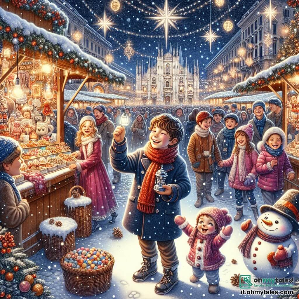 Illustrazione che rappresenta un magnifico mercatino di Natale a Milano, con bancarelle colorate piene di dolciumi e decorazioni scintillanti. Le luci delle ghirlande illuminano la scena, creando un'atmosfera calda e festosa. In primo piano, un ragazzo di dieci anni, con un cappotto blu scuro e una sciarpa rossa, sorride meravigliato, tenendo una piccola campana d'argento nella mano. Accanto a lui, una ragazza di dieci anni, con capelli ricci e un vestito invernale rosa, ride guardando un pupazzo di neve che balla gioiosamente. Il pupazzo di neve, con un cappello a cilindro e un naso di carota, fa un gesto comico, attirando l'attenzione dei bambini. Sullo sfondo, si possono vedere altri bambini, un ragazzo e una ragazza, che giocano nella neve, mentre i fiocchi cadono dolcemente dal cielo stellato. L'atmosfera è piena di gioia e magia natalizia, con stelle scintillanti e alberi decorati, evocando lo spirito festivo e l'amicizia.