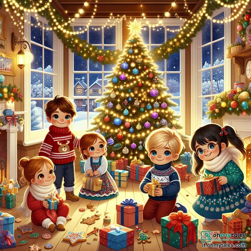 Illustrazione che rappresenta una scena magica all'interno di una calda casa di Natale. Le pareti sono decorate con ghirlande luminose scintillanti e un grande albero di Natale troneggia in un angolo, adornato con palline colorate e una stella dorata in cima. Al centro della stanza, quattro bambini sono insieme: due ragazzi, uno di sei anni con capelli castani e occhi brillanti, che indossa un maglione rosso con una renna, e l'altro, sempre di sei anni, con capelli biondi e un grande sorriso, vestito con una giacca blu. Le due ragazze, una con capelli castani e due trecce, di sei anni, indossa un vestito a fiori, e l'altra con capelli neri e occhiali, anch'essa di sei anni, è vestita con un maglione con motivi di fiocchi di neve. I bambini stanno preparando regali, circondati da carta colorata e nastri, con espressioni gioiose sui loro volti. Biscotti di Natale a forma di stelle e alberi sono disposti su un tavolo vicino, e una dolce luce dorata proviene dal fuoco scoppiettante nel camino. Sullo sfondo, una finestra mostra fiocchi di neve che cadono dolcemente all'esterno, aggiungendo un tocco fiabesco a questa scena natalizia.