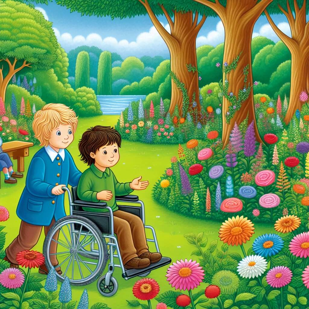 Une illustration destinée aux enfants représentant un jeune garçon plein de curiosité qui rencontre un autre enfant en chaise roulante dans un parc enchanteur rempli de fleurs multicolores et d'arbres majestueux.