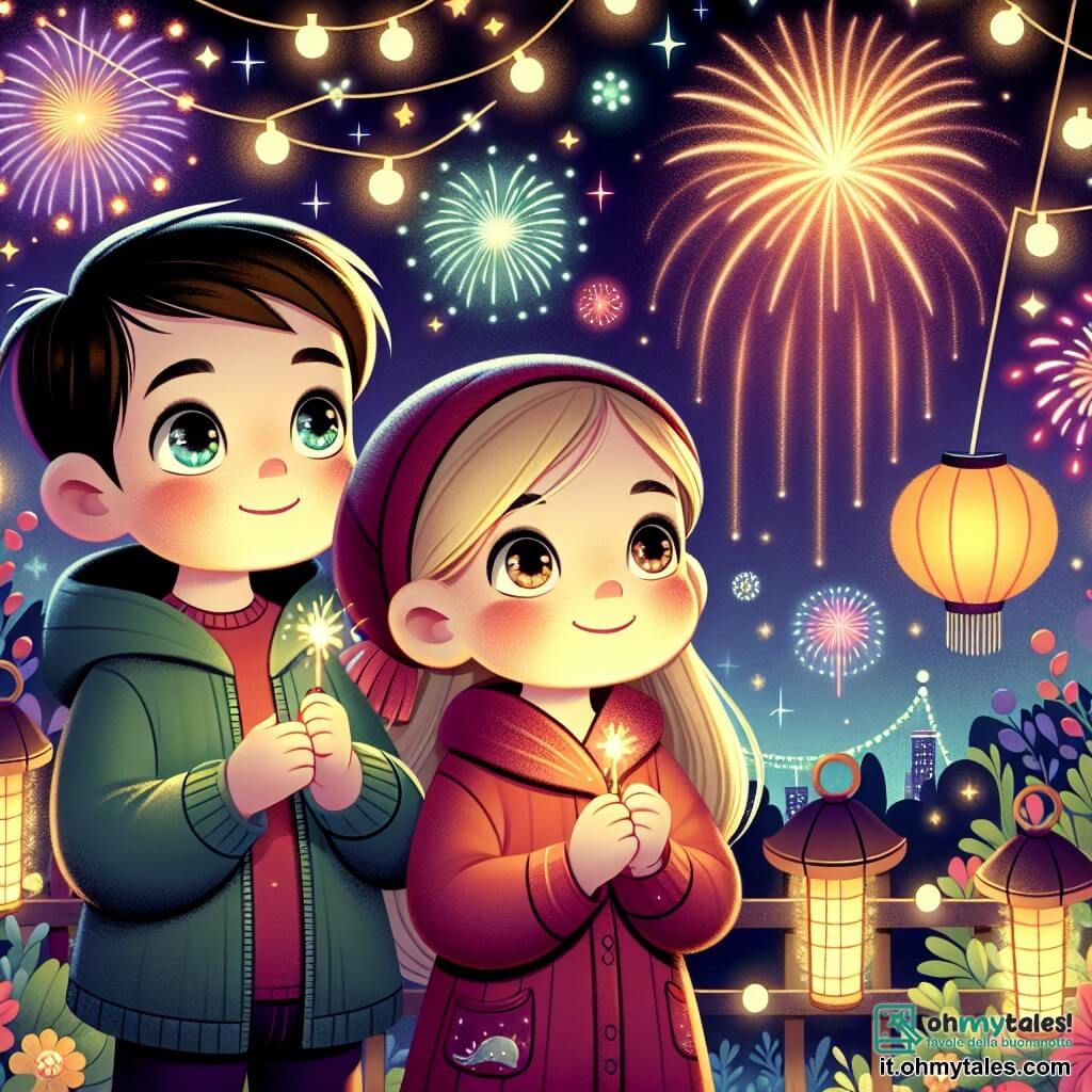 Une illustration destinée aux enfants représentant une petite fille émerveillée par les feux d'artifice lors de la fête du nouvel an, accompagnée de son cousin, un garçon aux yeux pétillants, dans un jardin illuminé par des guirlandes scintillantes et des lanternes colorées.