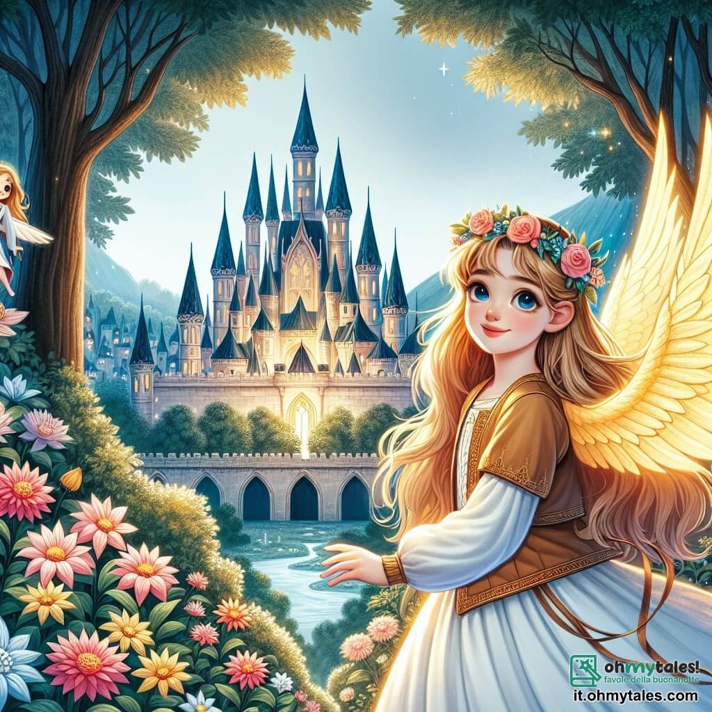 Une illustration destinée aux enfants représentant une jeune fille lumineuse et bienveillante, se tenant devant un château enchanteur entouré de jardins fleuris, accompagnée d'un elfe aux ailes d'or, dans un royaume lointain menacé par les ténèbres.