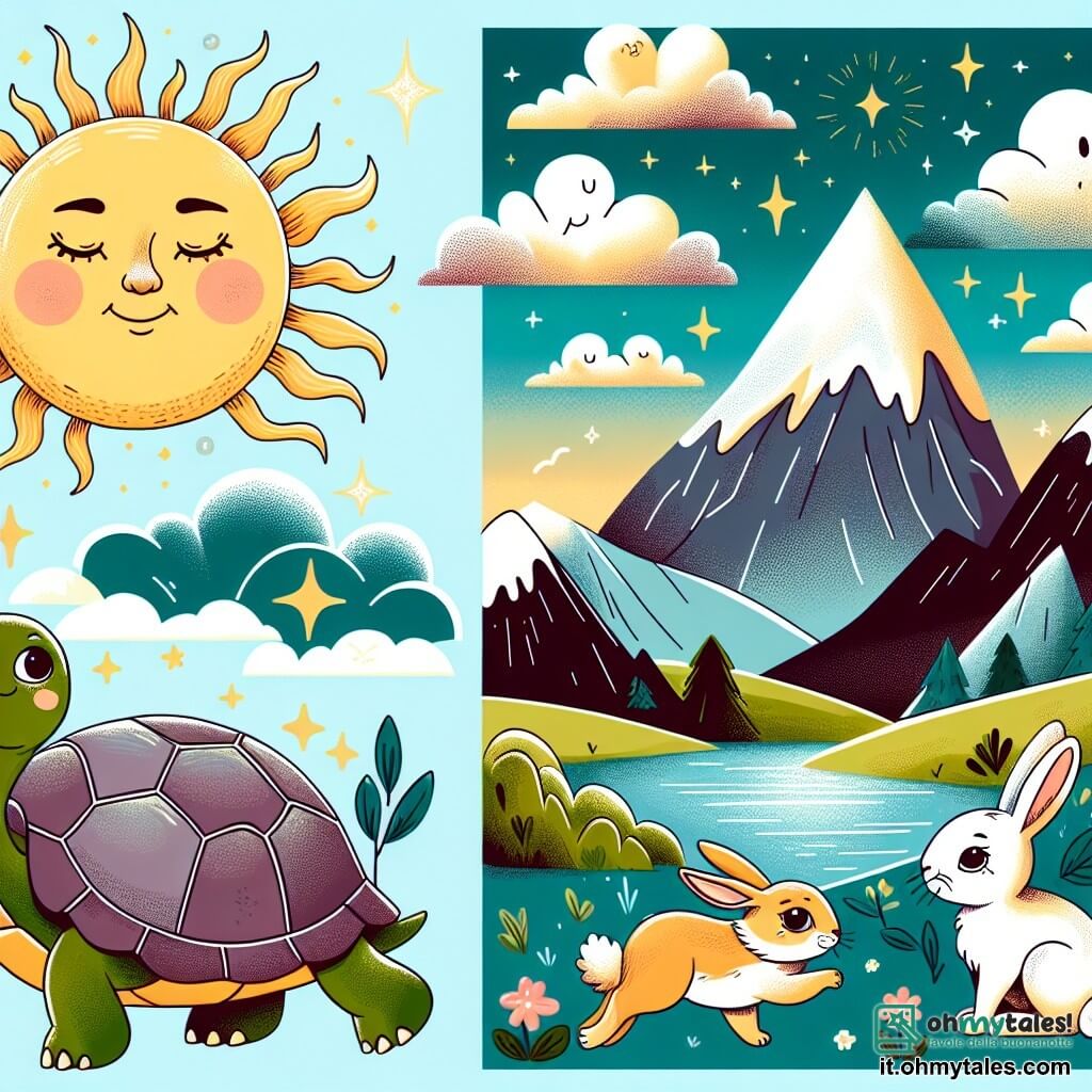 Une illustration destinée aux enfants représentant une tortue curieuse et courageuse, une rencontre magique avec le soleil, un coniglio sautillant, une montagne majestueuse aux sommets enneigés et un ciel éblouissant.