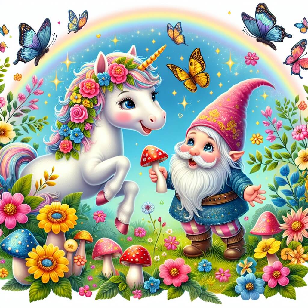 Une illustration destinée aux enfants représentant une licorne espiègle et joyeuse qui rencontre un petit lutin maladroit dans une forêt enchantée remplie de fleurs aux couleurs vives, de champignons magiques et de papillons étincelants.