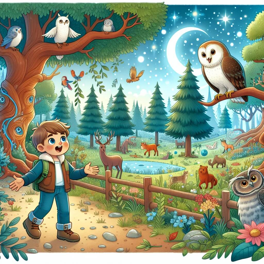 Une illustration destinée aux enfants représentant un jeune garçon curieux et plein d'énergie, découvrant un parc magique rempli d'arbres majestueux et d'animaux enchantés, accompagné d'un sage gufo qui lui enseigne les secrets du changement climatique.