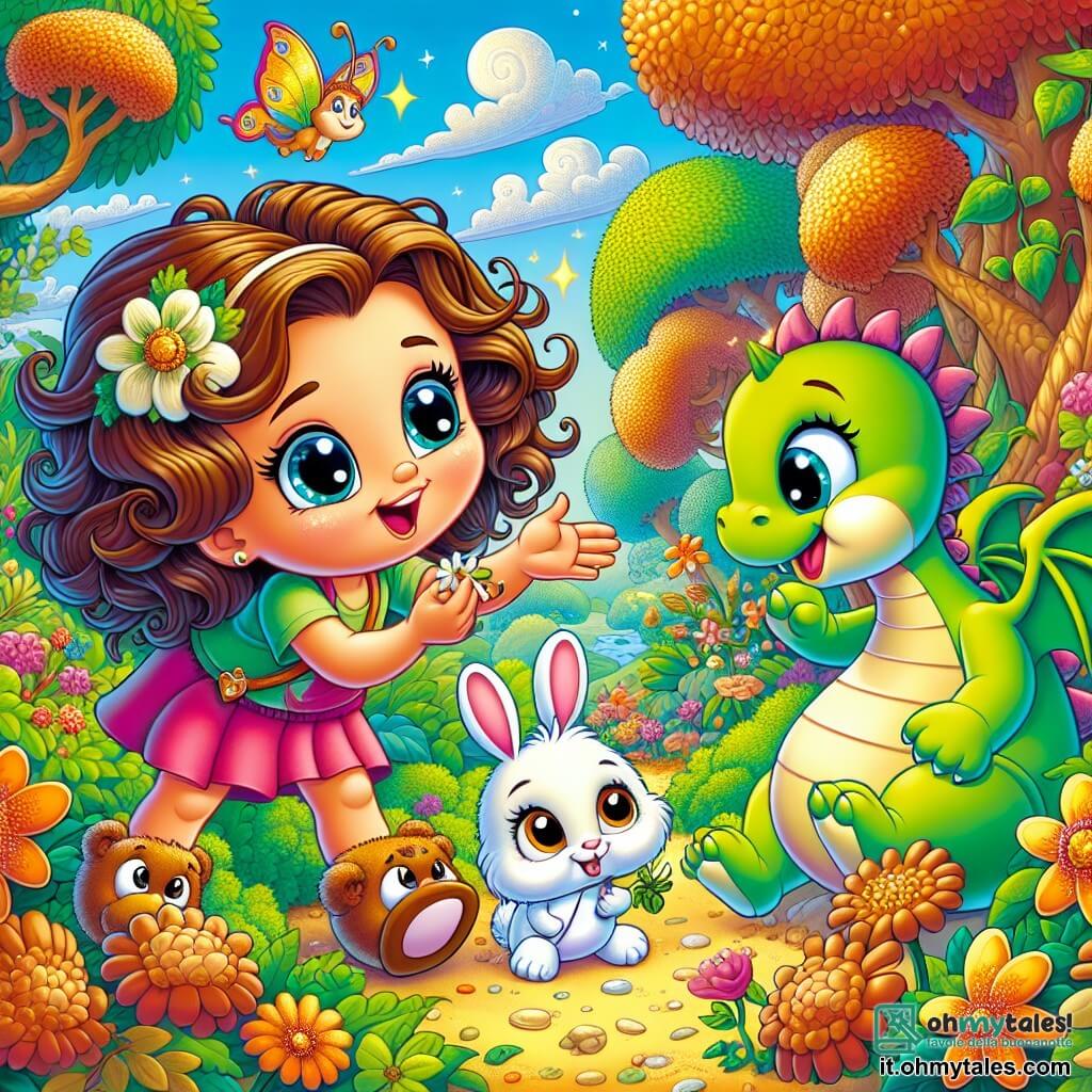 Une illustration sous forme de dessin destinée aux enfants représentant un jardin coloré rempli de fleurs en caramel et d'arbres aux feuilles brillantes, où une petite fille de 5 ans aux cheveux bouclés et aux yeux pétillants, portant des pantofoles en forme d'ours, s'apprête à lancer un petit dragon vert aux ailes délicates, tandis qu'un coniglio aux grandes oreilles et une tortue au sourire chaleureux l'observent avec enthousiasme, tous réunis dans une atmosphère joyeuse et pleine de magie, prêts à vivre une aventure hilarante.