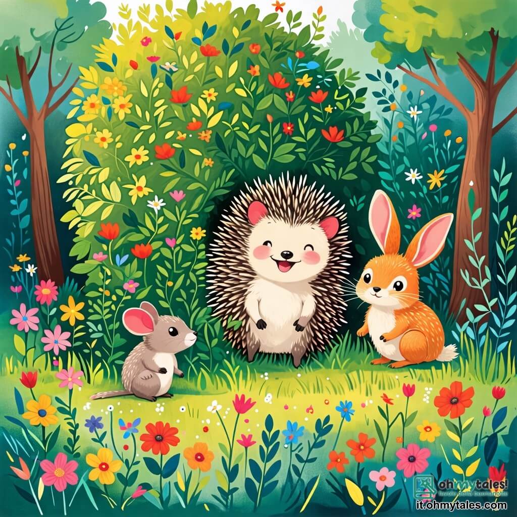 Une illustration sous forme de dessin destinée aux enfants représentant un jardin verdoyant et ensoleillé, avec un hérisson aux épines douces et brillantes qui se cache derrière un buisson, riant joyeusement, tandis qu'un coniglio aux grandes oreilles et un ghiro aux yeux pétillants s'apprêtent à le chercher, entourés de fleurs colorées et d'arbres feuillus, capturant l'esprit ludique et amusant d'un jeu de cache-cache entre amis.