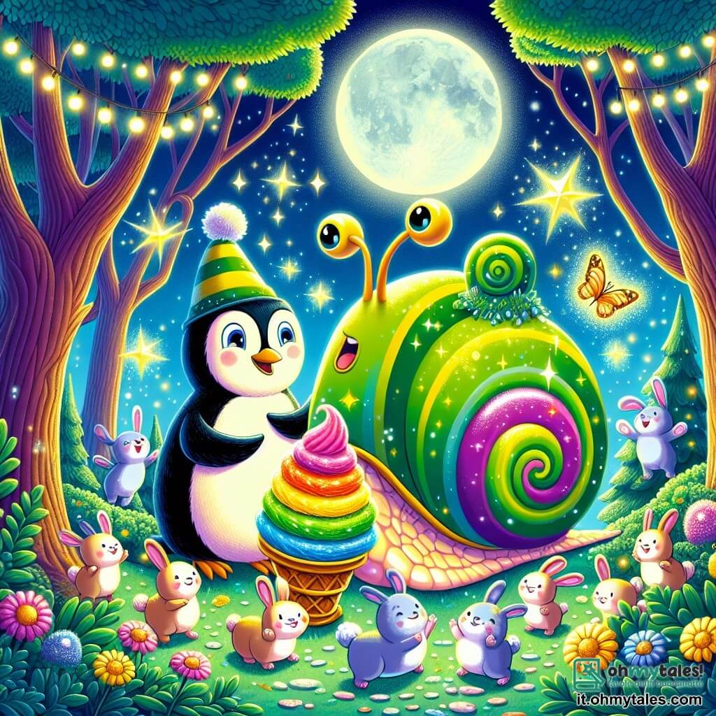 Illustrazione che rappresenta una scena magica in una radura illuminata dalla luna, circondata da alberi giganti con foglie scintillanti. Al centro, una lumaca dai colori vivaci, con un guscio a strisce verdi e gialle, si gusta un gelato arcobaleno dai molteplici sapori. Accanto a lei, un pinguino allegro con un piccolo cappello, dalle piume nere e bianche, danza ridendo, mentre un gruppo di coniglietti dalle grandi orecchie e occhi scintillanti li osserva con curiosità. L'atmosfera è festosa e piena di gioia, con stelle brillanti nel cielo notturno e riflessi di luce che emanano dal gelato. Fiori colorati e farfalle svolazzano intorno, aggiungendo un tocco di magia a quest'avventura notturna.