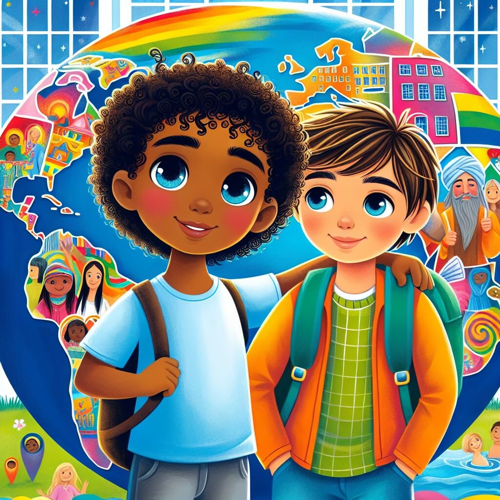 Une illustration destinée aux enfants représentant un jeune garçon aux cheveux bouclés et aux yeux étincelants, se trouvant dans une école colorée et vibrante, où il fait la rencontre d'un nouvel ami venu d'un pays lointain et ensemble, ils créent un murale magnifique célébrant la diversité du monde entier.