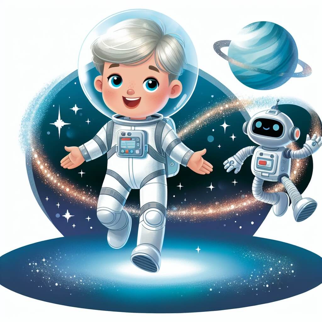 Une illustration destinée aux enfants représentant un astronaute souriant, vêtu d'une combinaison spatiale argentée, flottant gracieusement dans l'espace, accompagné d'un petit robot à l'allure futuriste, avec en arrière-plan une galaxie scintillante et une planète bleue aux nuances chatoyantes.