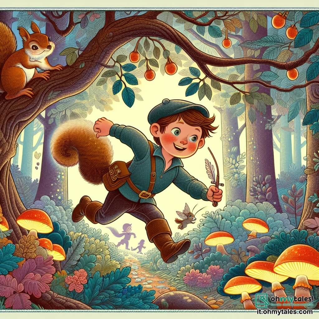 Une illustration destinée aux enfants représentant un garçon intrépide se lançant dans un défi impossible avec l'aide d'un écureuil malicieux, dans une forêt enchantée pleine d'arbres aux feuilles scintillantes et de champignons lumineux.