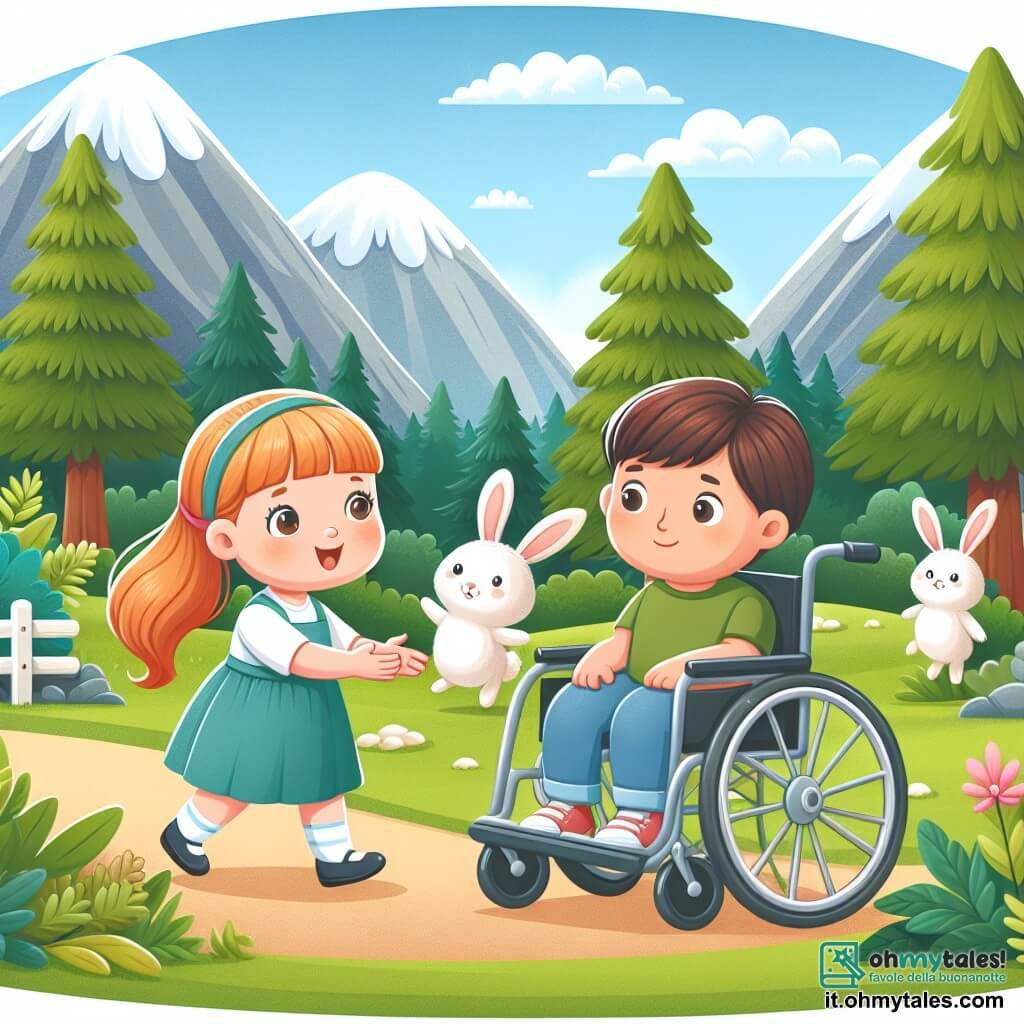 Une illustration destinée aux enfants représentant une jeune fille pleine de vie, accompagnée d'un adorable lapin, découvrant un enfant en fauteuil roulant, dans un parc verdoyant entouré de montagnes majestueuses.