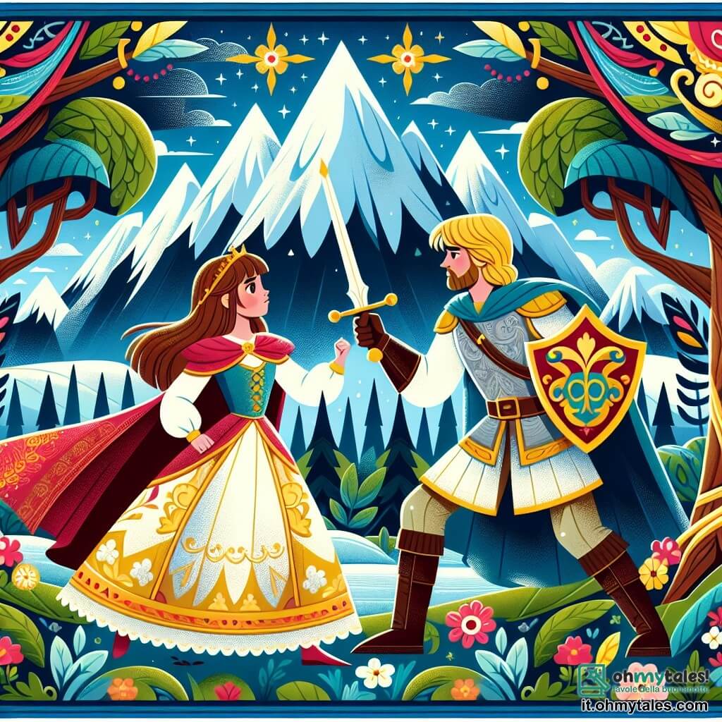 Une illustration destinée aux enfants représentant une princesse courageuse se préparant à combattre le mal aux côtés d'un prince valeureux dans un royaume enchanté entouré de montagnes enneigées et de forêts magiques.