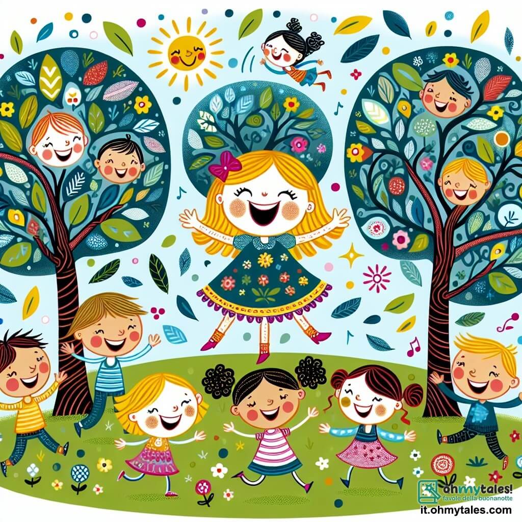 Une illustration destinée aux enfants représentant une petite fille espiègle, entourée de ses amis, dans un parc magique où les arbres ont des visages souriants et des feuilles qui ressemblent à des éclats de rire.