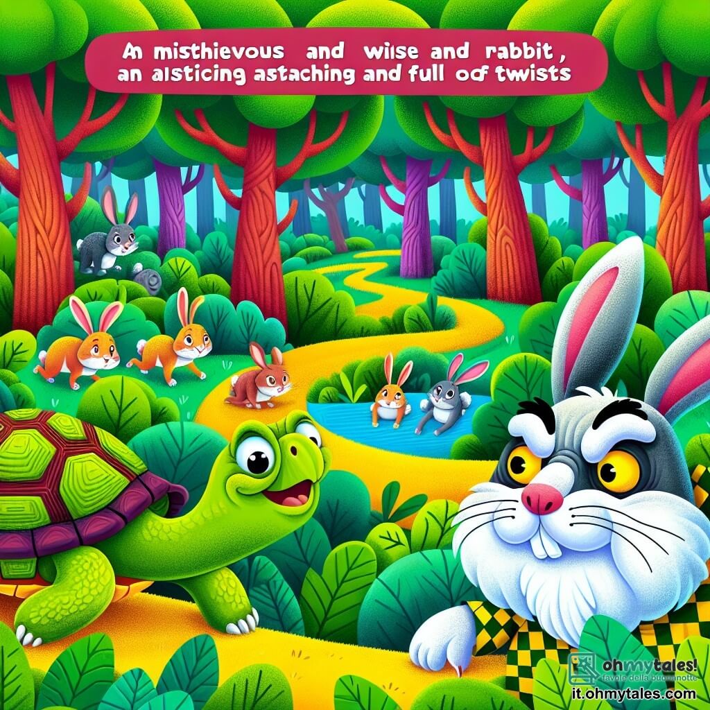 Une illustration destinée aux enfants représentant une tortue malicieuse et pleine de sagesse, un lapin espiègle et prétentieux, dans un bosquet luxuriant aux couleurs vives et aux arbres touffus, où se déroule une course étonnante et pleine de rebondissements.