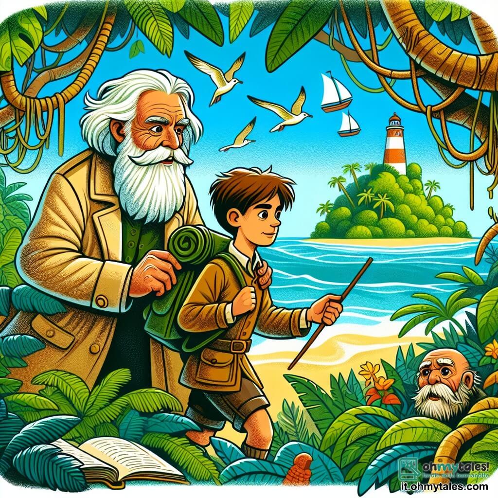 Une illustration destinée aux enfants représentant un jeune explorateur courageux se lançant à la découverte d'une île mystérieuse, accompagné d'un sage professeur barbu, dans une jungle luxuriante aux couleurs vives de l'Isola dell'Arcobaleno.