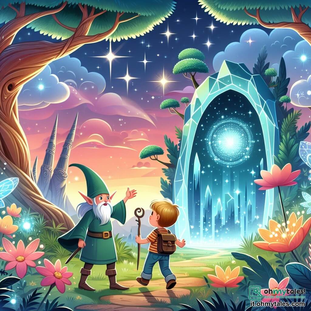 Une illustration destinée aux enfants représentant un jeune garçon courageux découvrant un mystérieux portail magique, accompagné d'un sage elfe, dans un royaume incanté aux arbres gigantesques, aux fleurs lumineuses et au ciel peint de couleurs vives.