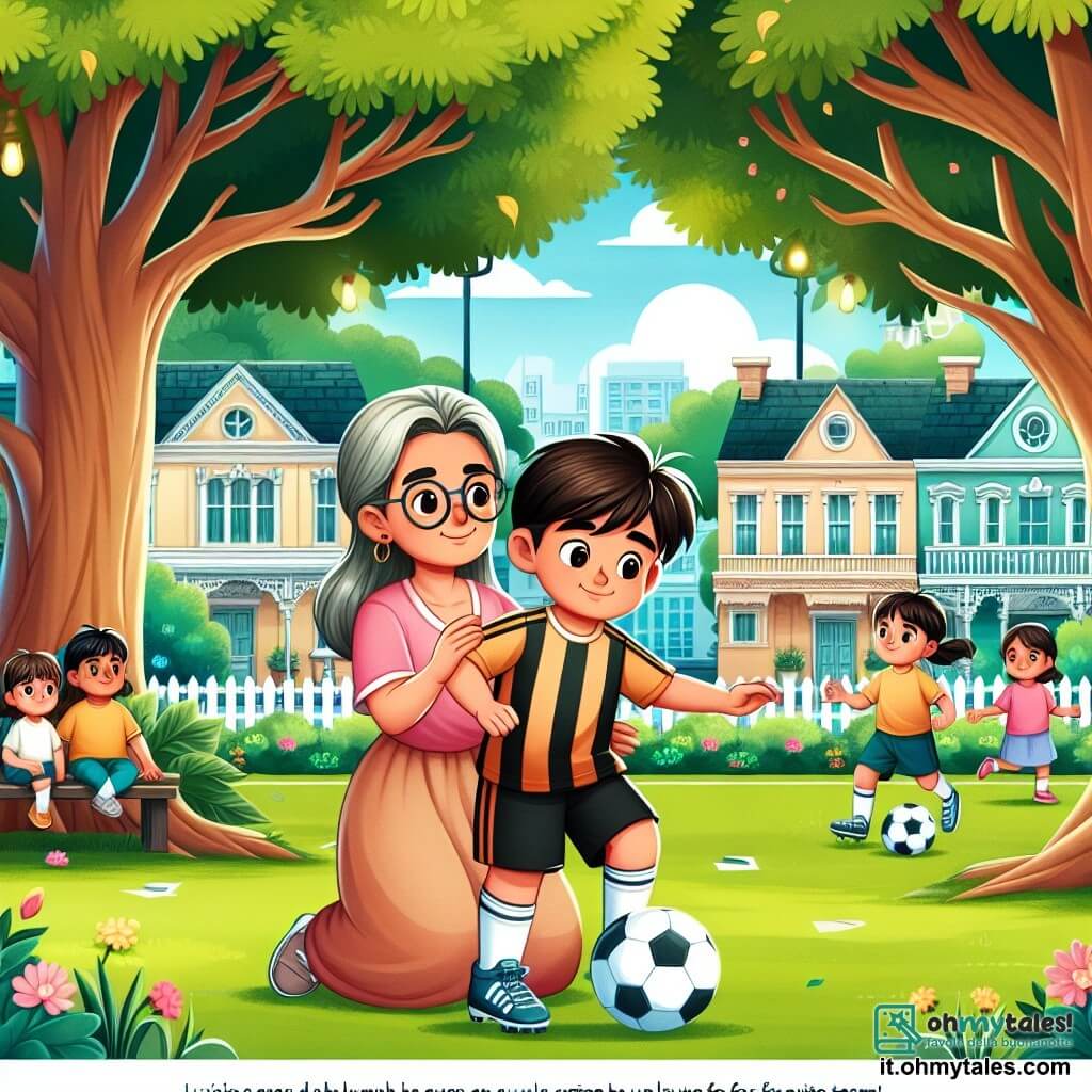 Une illustration destinée aux enfants représentant un jeune homme passionné de football, vivant dans une petite ville, accompagné de sa maman bienveillante, s'entraînant avec détermination dans un magnifique parc verdoyant aux arbres majestueux et aux pelouses parfaitement entretenues, dans l'espoir de réaliser son rêve de jouer pour son équipe favorite, l'Hellas Verona.