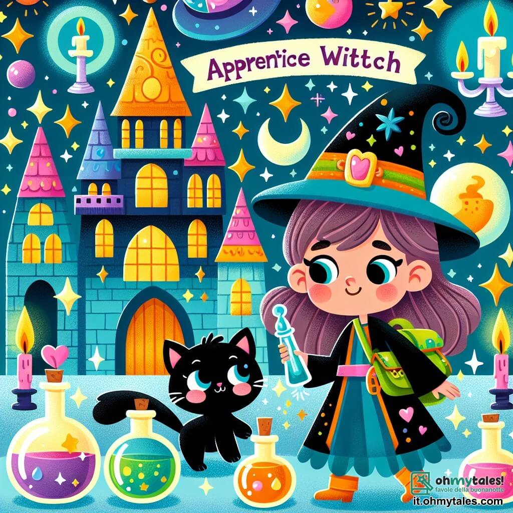 Une illustration destinée aux enfants représentant une apprentie sorcière pleine de vie et de curiosité, accompagnée de sa gatta noire espiègle, explorant une école de magie enchantée avec des tours étincelants et des salles remplies de potions colorées.