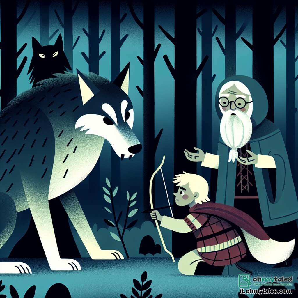 Une illustration destinée aux enfants représentant une petite fille courageuse confrontée à un grand méchant loup dans une forêt sombre et mystérieuse, avec l'aide précieuse de sa sage grand-mère.
