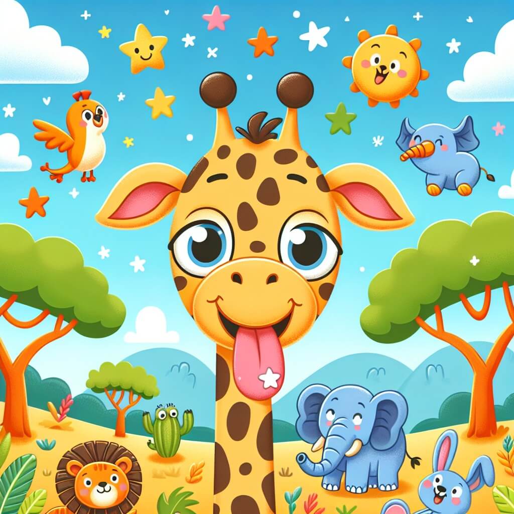 Une illustration destinée aux enfants représentant une girafe avec une tache en forme d'étoile sur sa langue, qui vit des aventures amusantes avec ses amis animaux dans une savane colorée et animée.