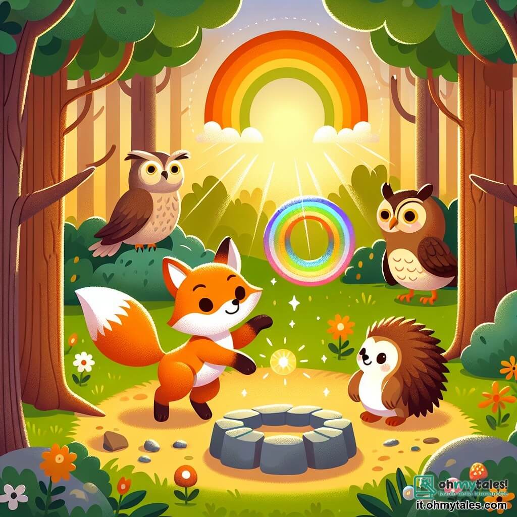 Une illustration sous forme de dessin destinée aux enfants représentant une clairière ensoleillée dans une forêt colorée, où un renard aux poils orange vif et à la queue touffue danse joyeusement autour d'un cercle de pierres, tandis qu'un hibou sage aux plumes brunes et un petit hérisson aux piquants doux l'observent avec curiosité, tous trois prêts à découvrir les surprises d'un cerceau magique qui scintille sous un arc-en-ciel éclatant.