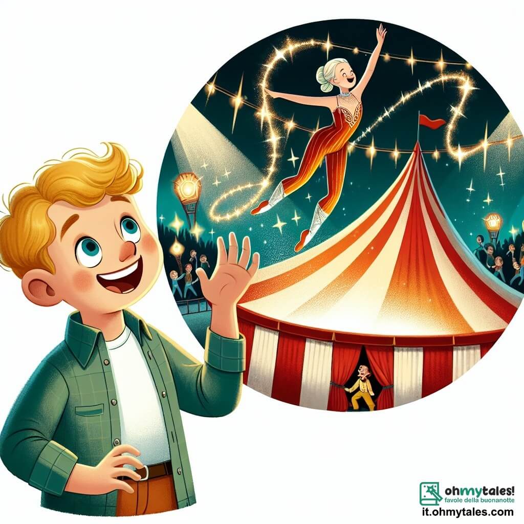 Une illustration destinée aux enfants représentant un jeune garçon enthousiaste découvrant un cirque magique, accompagné d'une acrobate gracieuse, dans un tendone rouge et blanc scintillant de mille lumières, où les acrobates voltigent dans les airs avec une agilité époustouflante.
