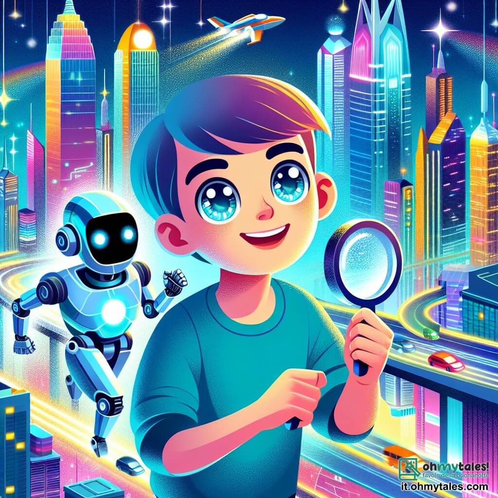Une illustration destinée aux enfants représentant un garçon aux yeux pétillants, faisant équipe avec un robot lumineux, à la recherche de l'Energia Cooperativa dans la ville futuriste d'Aurora, avec ses grattacieli scintillants, ses luci neon multicolori et ses veicoli volanti.