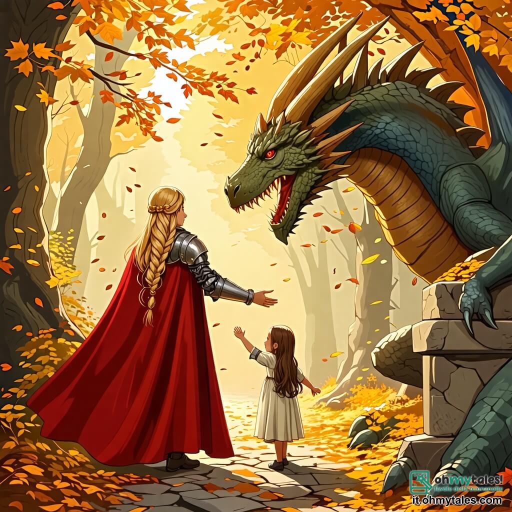 Une illustration sous forme de dessin destinée aux enfants représentant une forêt enchantée, avec des arbres majestueux aux feuilles dorées, au centre de laquelle se tient une courageuse chevaleresse aux longs cheveux blonds tressés, portant une armure brillante et un manteau rouge, qui tend la main vers une petite fille aux cheveux bruns, vêtue d'une robe simple, en l'encourageant à surmonter sa peur face à un dragon de pierre imposant qui bloque leur chemin, symbolisant leur quête pour sauver la maman de la fillette d'une malédiction.