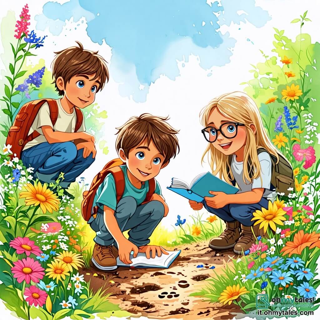 Une illustration sous forme de dessin destinée aux enfants représentant un jardin magique aux couleurs éclatantes, avec un garçon de 8 ans aux cheveux bruns en désordre et aux yeux bleus brillants, accroupi en train d'examiner des empreintes de pas dans la terre, tandis qu'à ses côtés, une fille aux cheveux longs et blonds, souriante et pleine d'énergie, tient un carnet de notes, et un garçon courageux aux cheveux châtains et aux lunettes, observant attentivement les fleurs colorées qui entourent la scène, tous trois plongés dans une enquête pour découvrir le mystère de la disparition des fleurs.