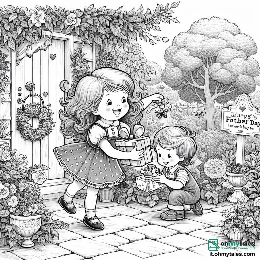 Une illustration destinée aux enfants représentant une petite fille vivace et pleine d'énergie préparant une surprise pour la fête des pères avec l'aide de son amie, dans un charmant jardin de plantes et d'arbres luxuriants.