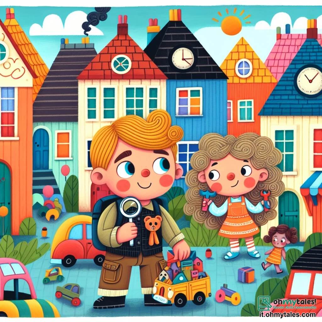 Une illustration destinée aux enfants représentant un petit garçon curieux et déterminé, confronté à la disparition mystérieuse des jouets de ses amis, aidé par une amie fille aux cheveux bouclés, dans un quartier coloré avec des maisons aux façades joyeusement peintes et un parc de jeux animé.