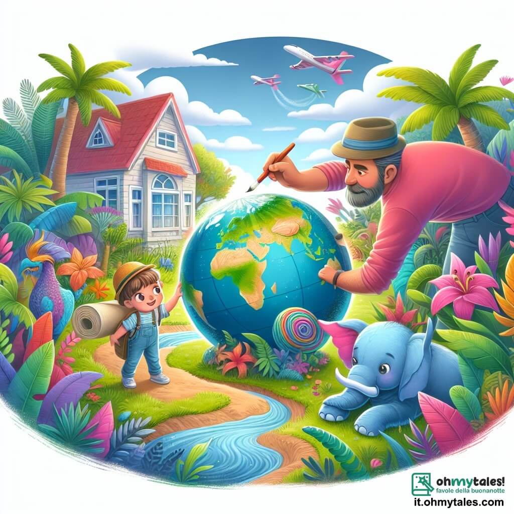 Une illustration destinée aux enfants représentant un petit garçon créant un mappamondo gigante dans le jardin de sa maison, accompagné de son père et d'un adorable éléphant en peluche, émergeant d'un monde magique de couleurs vives et de paysages exotiques.