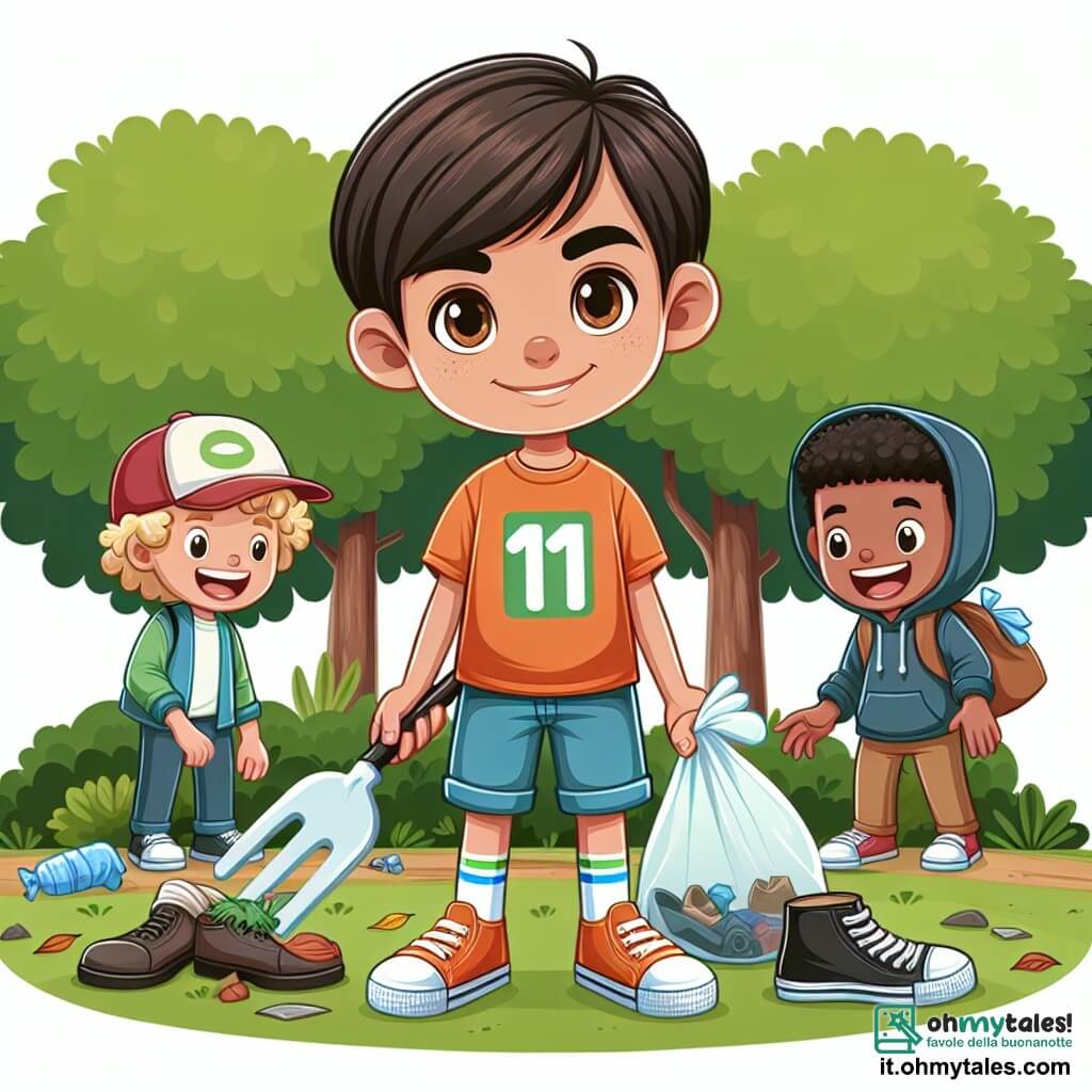 Une illustration sous forme de dessin destinée aux enfants représentant un parc verdoyant en automne, avec des arbres aux feuilles encore vertes, un garçon de 11 ans aux cheveux bruns et aux yeux pétillants, vêtu d'un t-shirt coloré et de shorts, qui sourit tout en ramassant des déchets avec un sac en plastique, entouré de ses deux amis : une fille aux cheveux blonds et bouclés, portant une casquette, qui tient un gant et un sac, et un garçon aux cheveux noirs et courts, vêtu d'un sweat à capuche, qui rit en montrant une vieille chaussure trouvée, illustrant leur engagement collectif pour nettoyer le parc et sensibiliser à la protection de l'environnement.