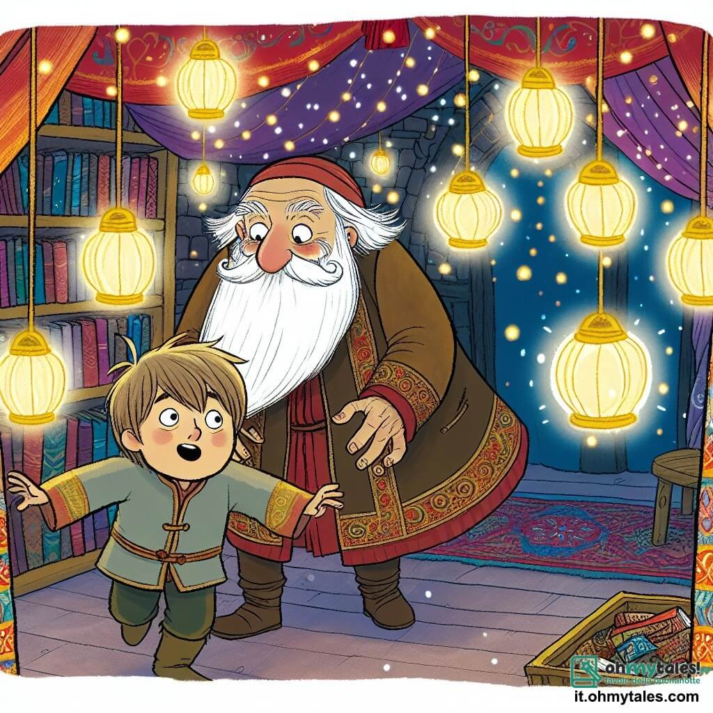 Une illustration destinée aux enfants représentant un garçon curieux et enthousiaste cherchant le cadeau parfait pour la fête des pères, accompagné d'un mystérieux vieil homme à la longue barbe blanche, dans une petite boutique magique aux murs tapissés de tissus colorés et de lanternes scintillantes.