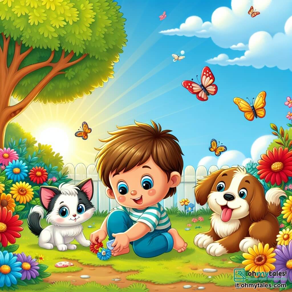 Illustrazione che rappresenta un parco soleggiato, pieno di fiori colorati nei vivaci toni di rosso, giallo e blu, con un grande albero dalle foglie verdi lussureggianti sullo sfondo. In primo piano, un bambino di circa un anno, con capelli castani e occhi scintillanti, è accucciato, tenendo un piccolo pacchetto blu tra le mani, con un grande sorriso sul viso curioso. Accanto a lui, una gattina bianca e soffice, dagli occhi brillanti, osserva attentamente il pacchetto, mentre un cane marrone, allegro e pieno di energia, è in piedi con la lingua di fuori, pronto ad abbaiare di gioia. La scena trasmette un'atmosfera di avventura e scoperta, con farfalle che volteggiano attorno ai fiori e un cielo azzurro chiaro punteggiato da alcune nuvole soffici.