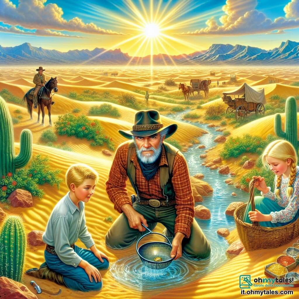 Illustrazione che rappresenta un paesaggio desertico del Far West, con dune di sabbia dorata che si estendono a perdita d'occhio, punteggiate da cactus verdi e rocce rosse sotto un cielo blu brillante. Al centro, un uomo dal viso segnato e dagli occhi penetranti, con un cappello da cowboy usurato e una camicia a quadri, è accovacciato vicino a un ruscello scintillante, scrutando l'acqua con un set di ricerca in metallo in mano, pronto a scoprire un pepita d'oro. Nelle vicinanze, un giovane ragazzo di circa otto anni, con i capelli biondi arruffati e vestito con una camicia semplice, osserva con meraviglia, gli occhi brillanti di eccitazione, mentre una piccola ragazza di circa sei anni, con trecce e un vestito colorato, tiene un cesto pieno di provviste, sorridendo gioiosamente. La scena trasmette un'atmosfera di avventura e amicizia, con nuvole bianche che fluttuano dolcemente nel cielo e un sole radioso che illumina il paesaggio, creando un'atmosfera calda e accogliente.