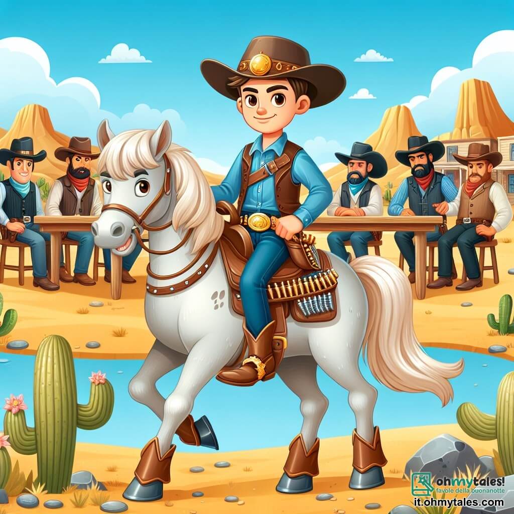 Une illustration sous forme de dessin destinée aux enfants représentant un vaste paysage du Far West avec des collines dorées sous un ciel bleu éclatant, au premier plan un jeune cowboy homme au sourire chaleureux, portant un grand chapeau de feutre, des bottes brillantes et une ceinture ornée, qui monte fièrement son cheval blanc à la crinière dorée, tandis qu'en arrière-plan, plusieurs cowboys hommes aux visages déterminés se rassemblent autour d'une table en bois, planifiant courageusement comment arrêter des bandits qui menacent leur ranch, avec des cactus et des rochers éparpillés dans le décor, créant une atmosphère d'aventure et de camaraderie.
