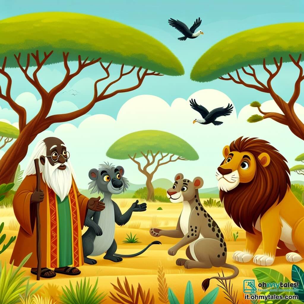 Une illustration destinée aux enfants représentant un homme sage et astucieux, un leone disparu, un ladron malvado et la savane africaine, avec ses arbres majestueux et ses animaux sauvages.