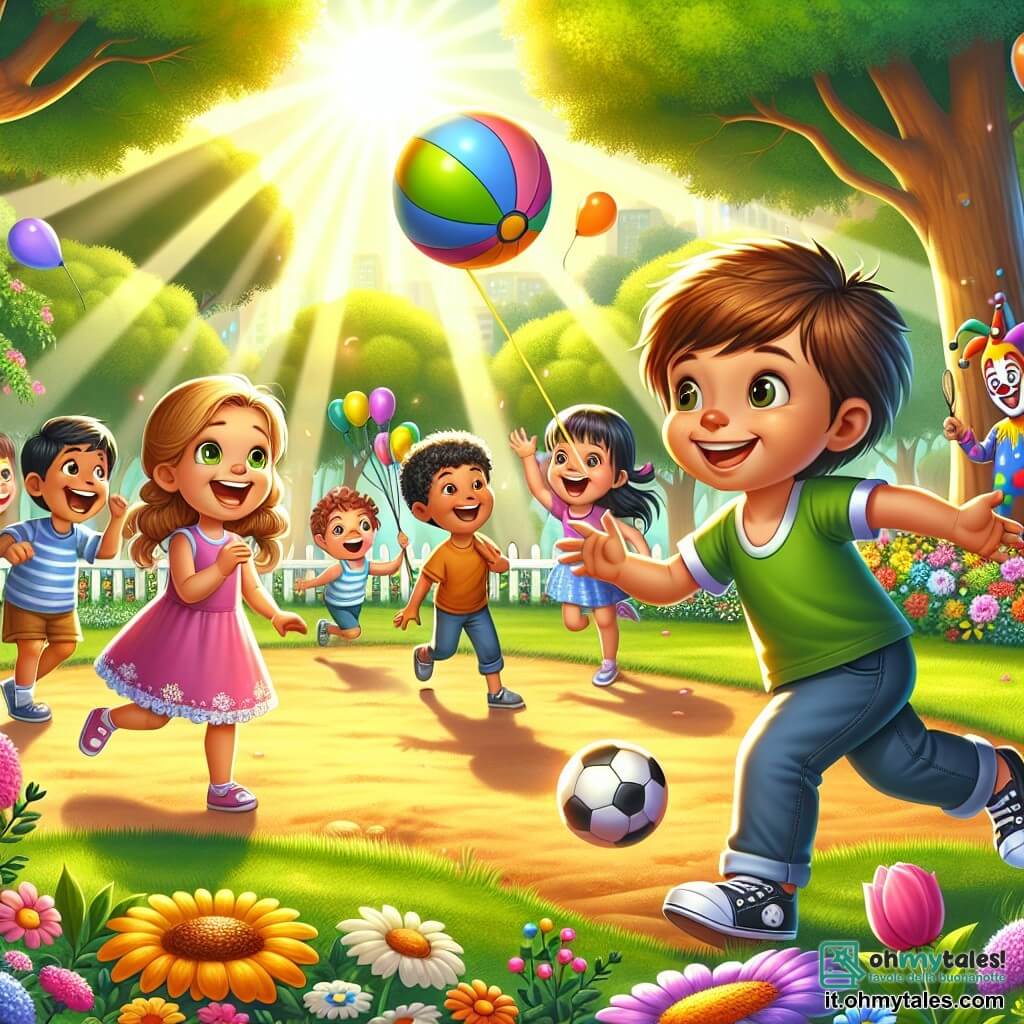 Illustrazione che rappresenta un parco soleggiato, pieno di grandi alberi con foglie verdi brillanti, fiori colorati e un ampio spazio erboso dove i bambini giocano felicemente. Al centro della scena, un bambino di quasi quattro anni, con i capelli castani arruffati e un sorriso malizioso, sta facendo giocoleria con una grande palla da tennis. Accanto a lui, una bambina con capelli biondi intrecciati, vestita con un abito rosa, ride di gusto, mentre un ragazzo con capelli neri, indossando una maglietta blu, applaude con entusiasmo. Un altro ragazzo, con occhiali e capelli castani, si trova sullo sfondo, tenendo un grande pallone colorato che si alza nel cielo. L'atmosfera è gioiosa e piena di energia, con scoppi di risate e colori vivaci che rendono la scena vivace. Sullo sfondo, un clown divertente, con un naso rosso e un grande sorriso, osserva la scena, pronto a consegnare un gigantesco gelato al bambino.