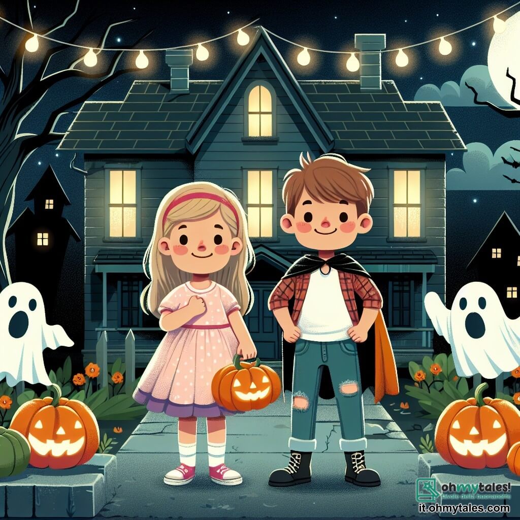 Une illustration destinée aux enfants représentant une fillette se tenant devant une maison abandonnée, accompagnée de son ami, un garçon courageux, dans un quartier décoré de citrouilles lumineuses et de fantômes en papier crépon pour Halloween.