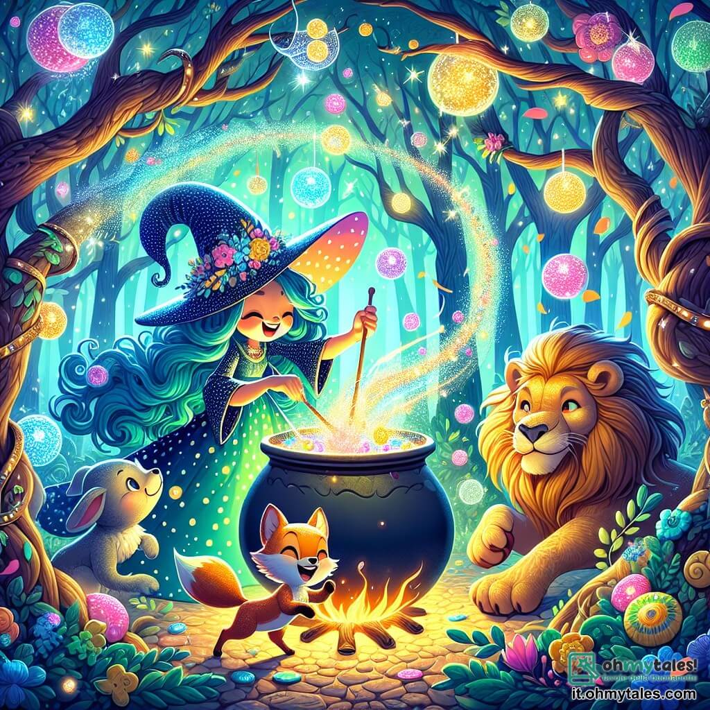 Illustrazione che rappresenta una scena magica in una foresta incantata, dove gli alberi dai tronchi contorti sono adornati di fiori luminosi che danzano al ritmo di una dolce melodia. Al centro, una strega gioiosa con lunghi capelli blu e un grande cappello a punta a pois colorati mescola una pozione frizzante in un grande calderone emettendo scoppi di risa. Accanto a lei, un leone gentile con una criniera dorata e un'espressione divertita osserva la scena, mentre una piccola volpe astuta, dagli occhi maliziosi, fa salti intorno a loro. La strega, impegnata nella preparazione di una torta delle risate, è circondata da petali scintillanti che fluttuano nell'aria, creando un'atmosfera di festa e magia. Scintille di luce e bolle colorate escono dal calderone, aggiungendo un tocco di incanto a questa gioiosa avventura.