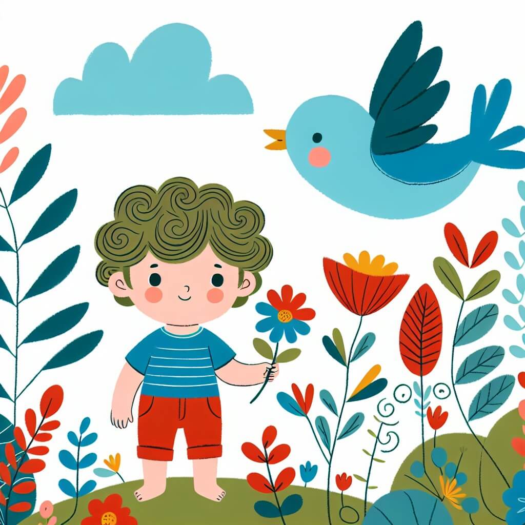 Une illustration destinée aux enfants représentant un petit garçon aux cheveux bouclés, debout au milieu d'un jardin coloré, tenant une fleur rouge dans une main, tandis qu'un oiseau bleu vole gracieusement dans le ciel en arrière-plan.
