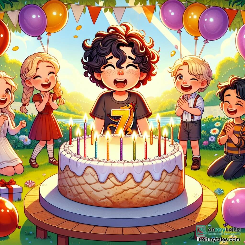 Une illustration sous forme de dessin destinée aux enfants représentant un jardin ensoleillé décoré de ballons colorés et d'une grande table avec une magnifique torta d'anniversaire, où un garçon de 7 ans aux cheveux bruns et bouclés, portant une t-shirt avec un drago, souffle sur sept bougies scintillantes, entouré de trois amis : une fille aux cheveux blonds et tressés qui applaudit avec enthousiasme, un garçon aux lunettes et cheveux châtains qui sourit en tenant un cadeau, et une autre fille aux cheveux noirs qui rit en tenant une part de gâteau, capturant l'instant joyeux de la célébration d'anniversaire.