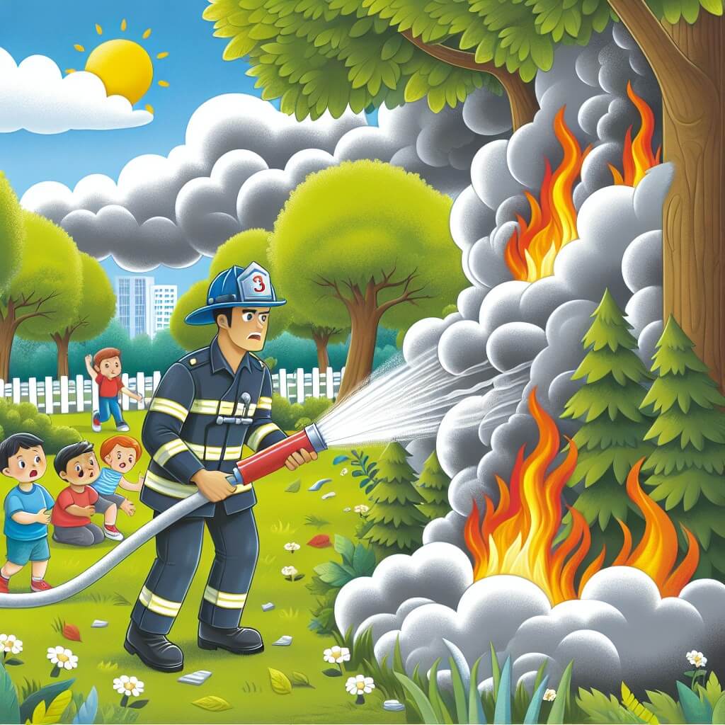 Une illustration destinée aux enfants représentant un jeune homme courageux en uniforme de pompier, luttant contre un incendie dans un parc verdoyant, avec des arbres enflammés et des enfants en sécurité, entourés de nuages de fumée grise, dans une ambiance de printemps ensoleillée.