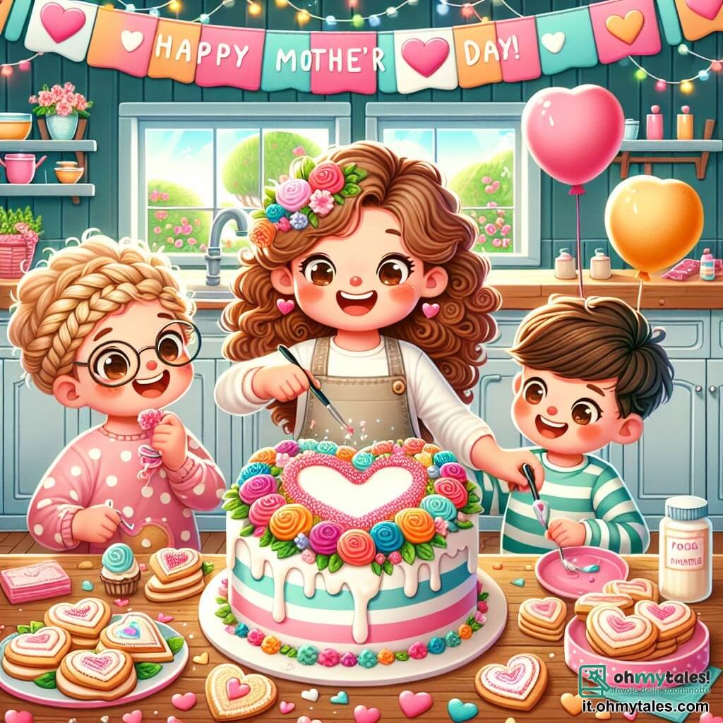 Une illustration sous forme de dessin destinée aux enfants représentant une cuisine colorée et chaleureuse, où un garçon de 5 ans aux cheveux bruns et bouclés, avec un grand sourire, est en train de décorer une grande table avec des biscuits en forme de cœur et une magnifique torta ornée de fleurs en sucre, tandis que deux amis, une fille aux cheveux blonds tressés et un garçon aux lunettes rondes, l'aident en gonflant des ballons colorés et en accrochant un grand panneau avec l'inscription "Bonne fête des mères", créant une atmosphère joyeuse et festive pour surprendre leur maman.